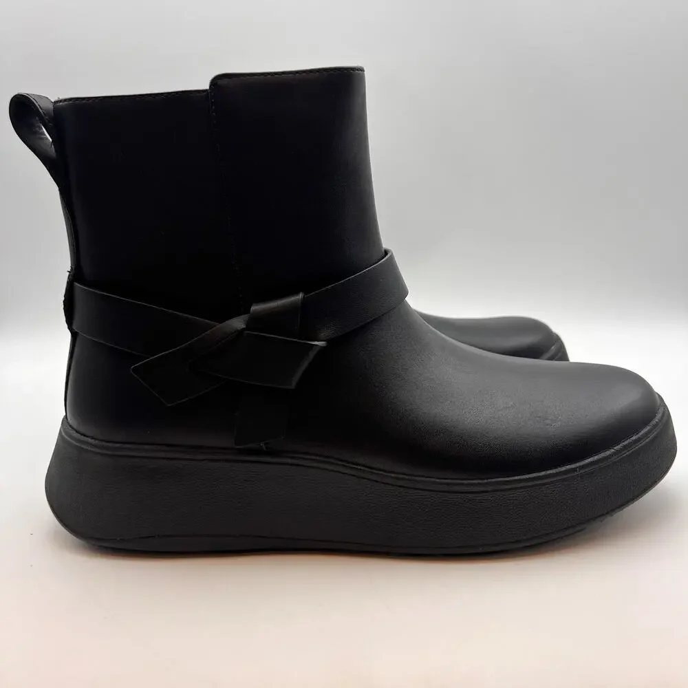 FitFlop Womens F-Mode Folded-Knot Flatform Boots Size 9 Black Leather NWOB